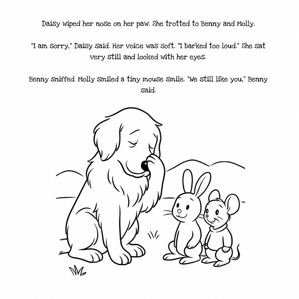 Printable colouring page from The Calm Words showing a dog, rabbit and mouse