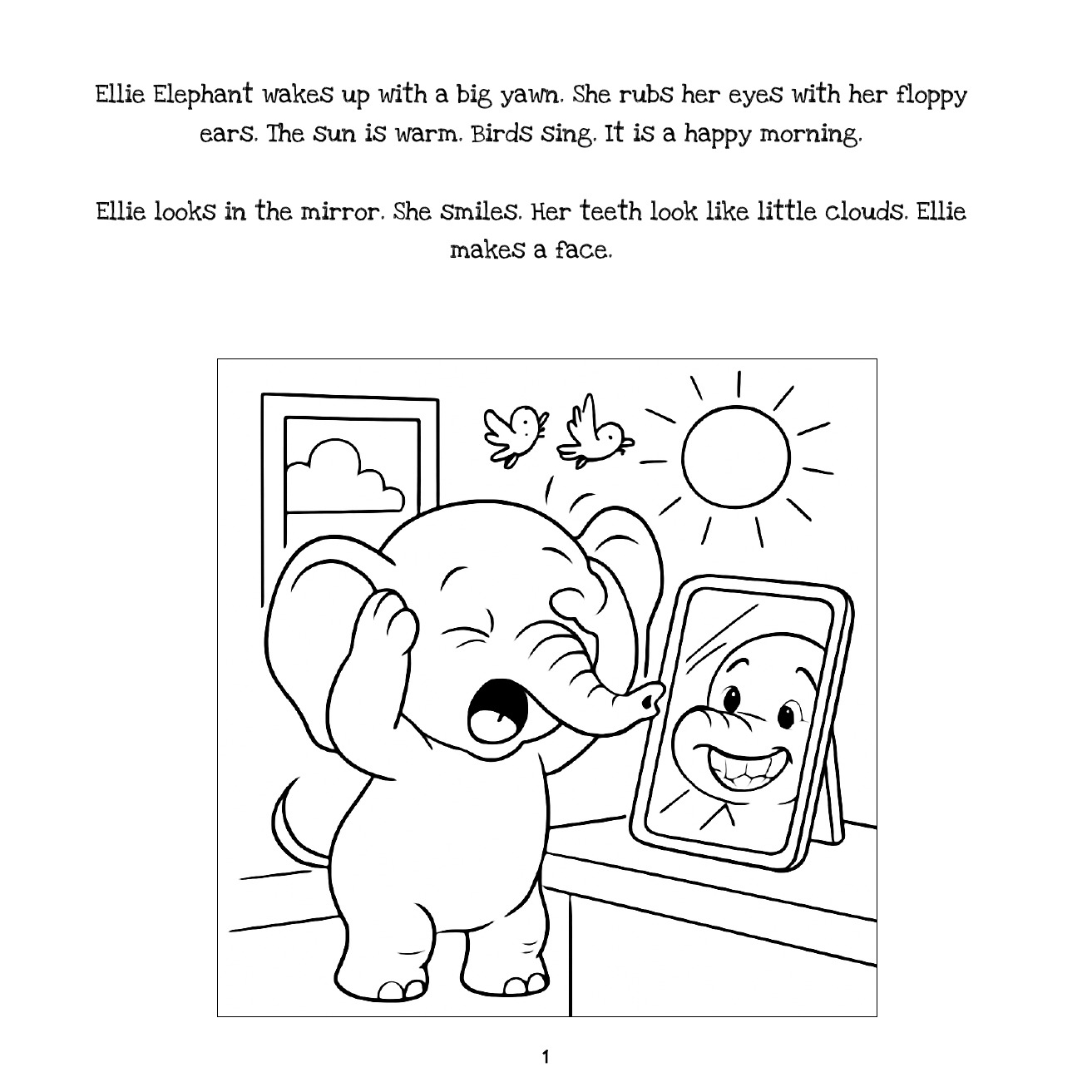 Printable colouring page from Ellie’s Bright Smile showing Ellie Elephant smiling in a mirror