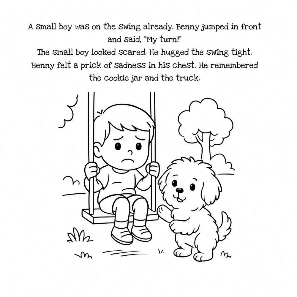 Printable colouring page from Mama Bear’s Lesson showing a child on a swing and a puppy
